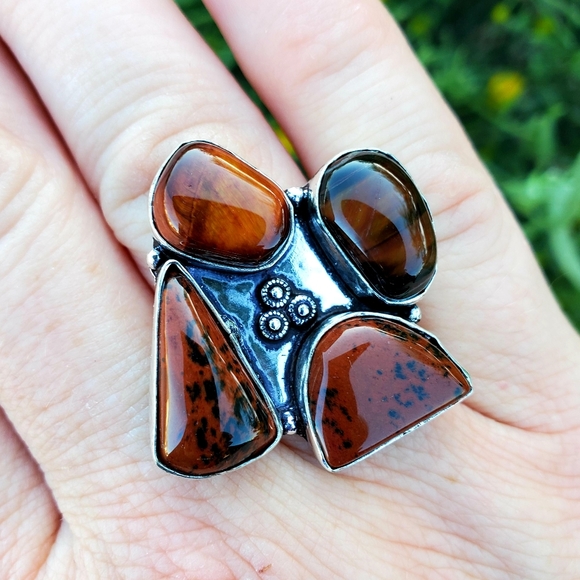 New Tiger Eye & Mahogany Obsidian 925 Silver Ring. - Picture 7 of 15